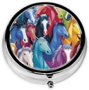 Kleurrijke cartoon paarden Gedrukte ronde pil Organisator met 3 afdelingen, Portable Mini Pill Box Pill Case voor Geneeskunde, Vitamine, Visolie, Supplementen
