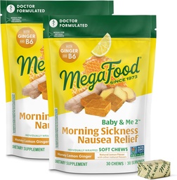 MegaFood Baby & Me Prenatal Morning Sickness Relief, Ginger Chews, met vitamine B6, Made Without 9 Food Allergens, Honey Lemon Ginger Flavor, 30 Chews (pack of 2)