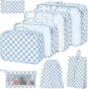 8 Set verpakking van kubusjes voor koffers, het verpakken van kubusjes met schoenenzak, Cosmetics Bag, Kledingtas, Accessoires Bags Verpakking van kubusjes voor reizen Bagage Organisator Vrouwen Mannen(Blauw gecheckt)