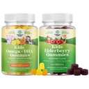 Bundle of Kids DHA Omega 3 Gummies - Fatty Acids Omega 3 6 9 for Brain Immune Strength & Vision - Nutritional DHA and Sambucus Elderberry Gummies for Kids Health - Zink & Vitamine C for Immune Support