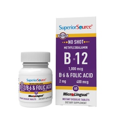 Superior Bron Geen Shot Vitamine B-12 Methylcobalamine 1000 mcg, B-6 & Folic Acid 400 mcg - Ondersteunt Hersenen en Hart Gezondheid - Hulp Natuurlijke Energieniveaus - 60 Sublingual Dissolving Tablets