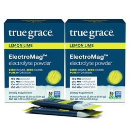 True Grace ElectroMag - 16 Stick Packs (pack of 2) - Lemon Lime - Electrolyte Powder for Rapid Hydration - Natrium, Kalium, Magnesium & Cordyceps - Zero Sugar & Carbs - Non-GMO - 32 Total Servings