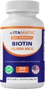 Vitamatic Biotin 10,000 mcg (10 mg) for Stronger Hair, Skin & Nails - 365 Vegan Tablets- Also Called Vitamin B7
