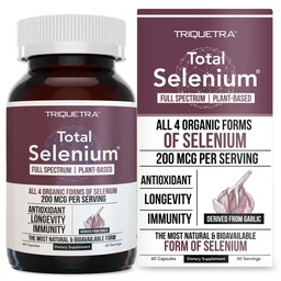 Total Selenium - 200 mcg, Plant-Based Selenium - Full Spectrum, Bevat 4 essentiële organische vormen van Selenomethionine - Afgeleid van Knoflook - 60 capsules
