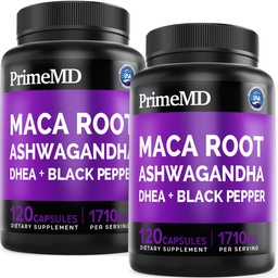 6-in-1 Biologische Maca Root Ashwagandha Capsules 1710mg met DHEA en Black Pepper Fruit Extract voor vrouwen en mannen - Black Maca Supplement voor uithoudingsvermogen, Bone and Mood Support Supplement, 120ct (Pack of 2)