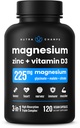 NutraChamps Magnesium Zink en Vitamine D3 Supplement - De meeste Bio beschikbare vormen; Magnesium Glycinate, Malate, Citrate - Bot, Spier en Hart Gezondheid, Immuun Ondersteuning - 120 Vegan Capsules