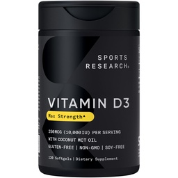 Sportonderzoek 10.000 iu vitamine D3 Supplement met biologische kokosolie - vitamine D voor sterke botten & Immune Health - Ondersteunt Calcium Absorptie - Non-GMO - 250 mcg, 120 Mini Softgels voor volwassenen