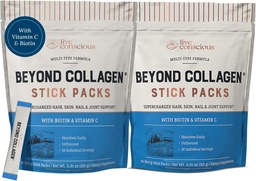 Live Conscious Beyond Collageen Peptides Powder Unflavored Packets-Hydrolyzed Collageen Powder-Hair Skin Nail & Joint Support- Multi Type Collageen Supplements for Women & Men 30 Pack (2pk)