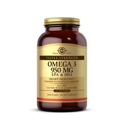 Solgar Triple Strength Omega-3 950 mg, 100 Softgels - Ondersteunt Cardiovasculaire, Gezamenlijke en Huidgezondheid - Hart Gezonde Supplement - Essentiële vetzuren - Niet GGO, Glutenvrij, Melkvrij - 100 Tel.