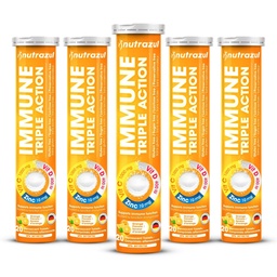 nutrazul Immune Triple Actie Bruistabletten met vitamine C 1000mg, vitamine D, zink, ondersteuning dagelijkse Routine, Glutenvrije, suikervrije, Lactosevrije, sinaasappelsmaak, 20 tabletten (verpakking van 5x20)