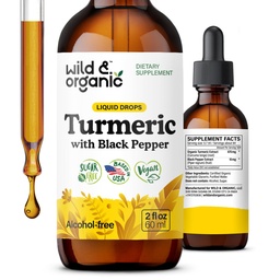 Wild & Organic Turmeric Supplement Liquid - Joint Support - Turmeric Curcumin with Black Pepper Extract - Curcumin Root Drops - Vegan, Sugar & Alcohol-Free Tinctuur - 2 fl oz