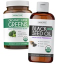 Super Greens & Black Seed Oil (3-maandvoorraad) Kruidenolie Blend Bundle van biologische Super Greends Poeder - Complete Superfood (180 Capsules) & Biologische Zwarte Zaadolie Vloeistof - Koud geperst (8 fl oz)