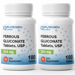 Purigen Labs Ferrous Gluconate 324 mg [High Potency] IJzersupplement, zacht op de maag 2 verpakkingen - 200 tabletten Totaal