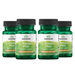Swanson L. Reuteri Probiotic Plus w/L. Rhamnosus L. Acidophilus & FOS Prebiotic Digestieve Ondersteuning - Bevordert Gut Health w/7 Miljard CFU per capsule - (30 Veggie Capsules) (4 verpakkingen)