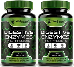 Digestieve enzymen met probiotica en prebiotica, 450 mg, 5 miljard CFUs - Pure Super Digestie Capsules - Digestieve enzymen voor vrouwen en mannen Ondersteuning Digestie & Gut Health - 120 Telling (pakket van 2)