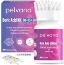 Pelvana Boric Acid Suppositories for Women 60 + 15 Applicators + 20 pH Test Strips = 95 Piece Kit for Vaginal Odor - Third-Party Lab Tested & Made in The USA