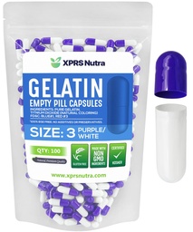 XPRS Nutra Maat 3 Lege capsules - 100 Telle Lege Gelatine Capsules - Pillen DIY Capsule Vulling - Pure Bovine Pill Gel Caps for Do-It-Yourself Supplements (Paars/Wit)