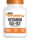 BulkSupplements.com Vitamin D3 + K2 5000 IU Softgels - D3 K2 Supplement, for Immune Health - Gluten Free, 1 Softgel per Serving, 365 Count (Pack of 1)