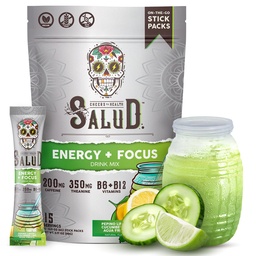 Salud 2-in-1 Energie Drinkpoeder + Focus, Komkommer Lime, Biologische Cafeïne, B6 + B12, Theanine, Clean Energy Drink Packets, Agua Fresca Mix, Non-GMO, Glutenvrij, Veganistisch, 1g suiker, (15 Serven)
